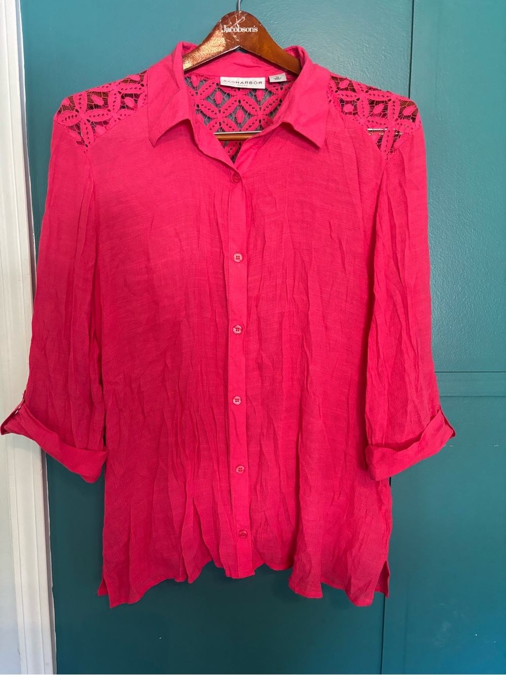 Sag Harbor Pink Crochet-Shoulder Button-Down Women's Top Size 1X
